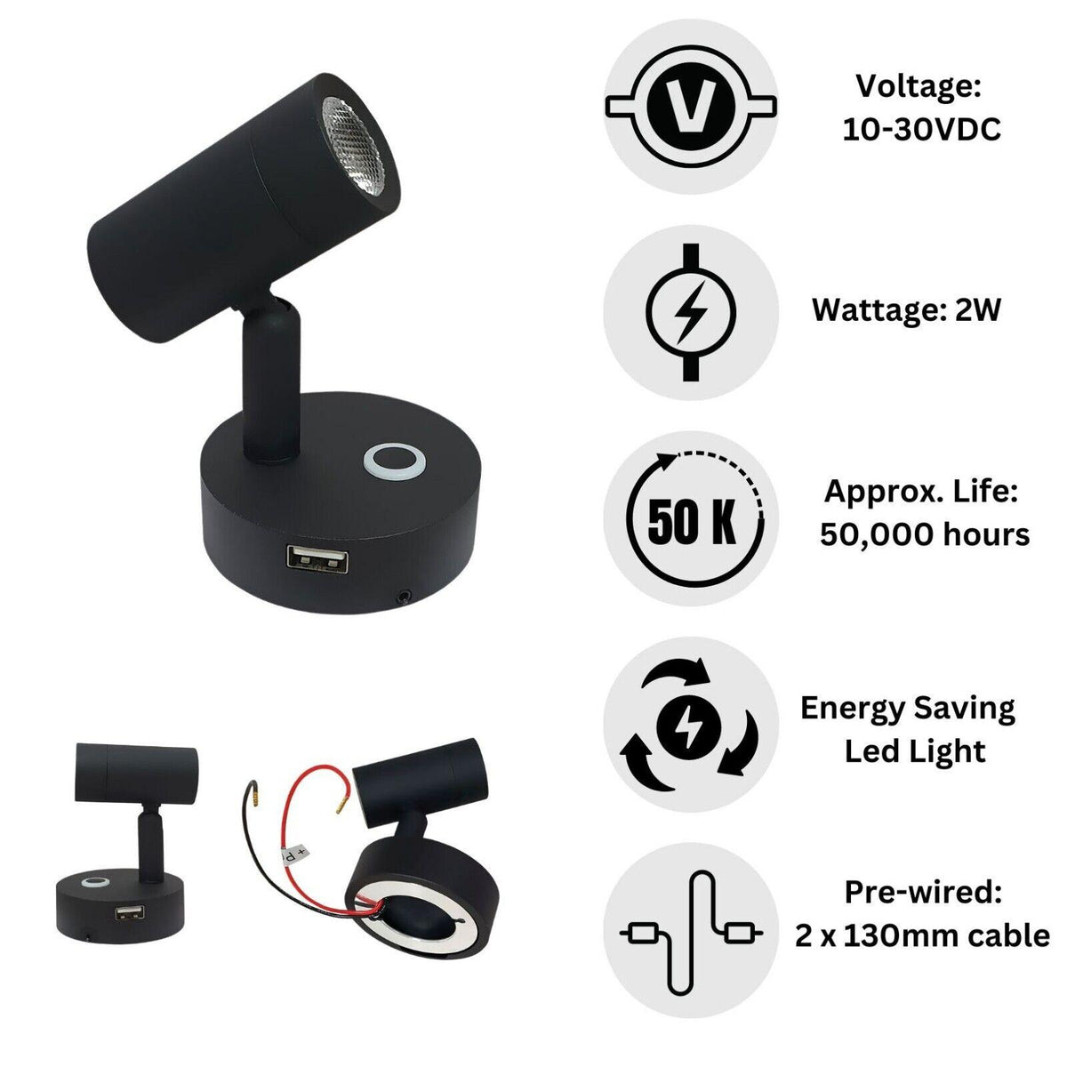 Tissting 3W LED Reading Light 12-24V Adjustable Wall Sconce Spotlight With Flexible Gooseneck Eye Caring Bedside Lamp For RV Boat Bedroom Caravan Trailer Van(Black - View #4