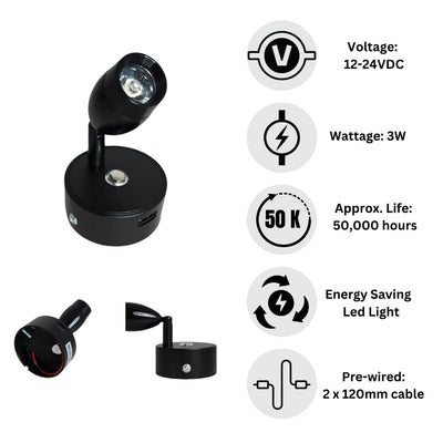12V 24V LED Reading Light Touch Dimmable Spotlight USB 3W Black