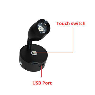 12V 24V LED Reading Light Touch Dimmable Spotlight USB 3W Black