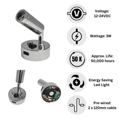 12V LED Reading Light Warm White USB Port Pack of 2 Chrome Lamps
