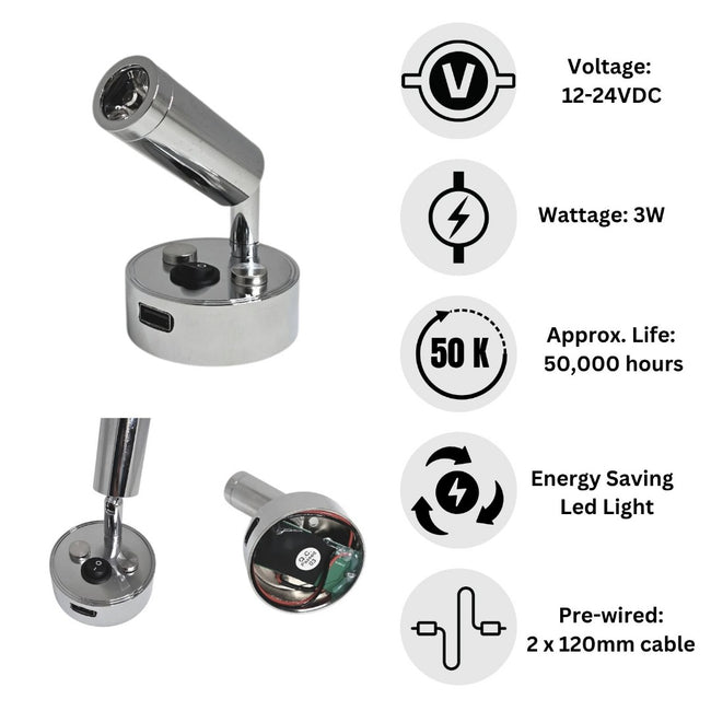 12V LED Reading Light Warm White USB Port Pack of 2 Chrome Lamps