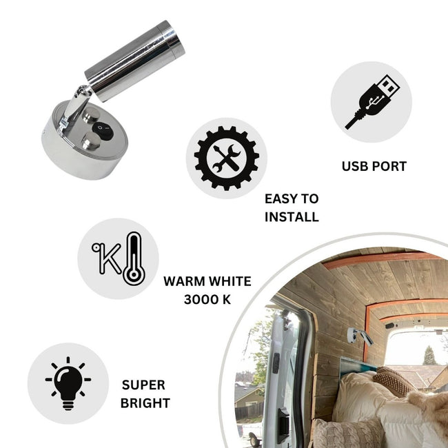 12V LED Reading Light Warm White USB Port Pack of 2 Chrome Lamps