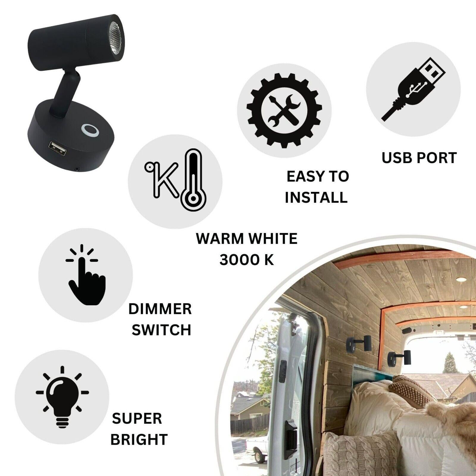 12/24V Wall Reading Light Max – Dimmable with USB – Campervan Builders 12/24V Wall Reading Light Max – Dimmable with USB – Campervan Builders