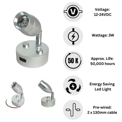 LED Reading Light 12V 24V Touch Controlled Chrome USB