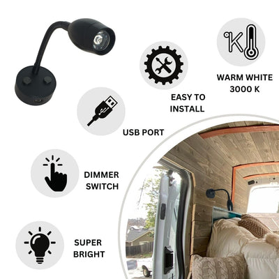 LED Flexible Reading Light 12V 24V Spotlight 3W Touch Dimmable USB