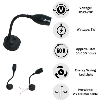 LED Flexible Reading Light 12V 24V Spotlight 3W Touch Dimmable USB