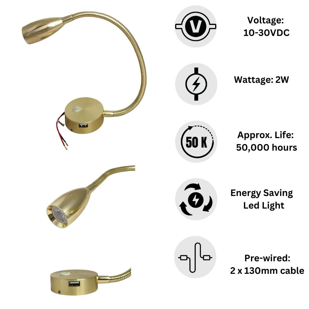 LED Flexible Reading Light Gold 12V 24V Touch Switch Dimmable USB Goos ...