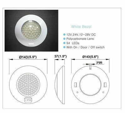 LED Ceiling Light 12V 24V Dome Lamp 147mm On/Off/Door Switch